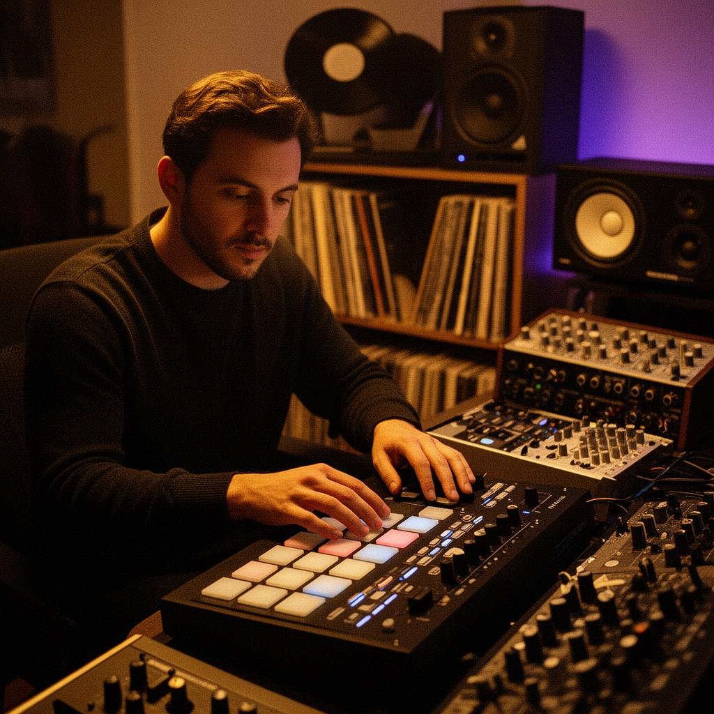 A producer crafting a beat on an MPC in a warm home studio